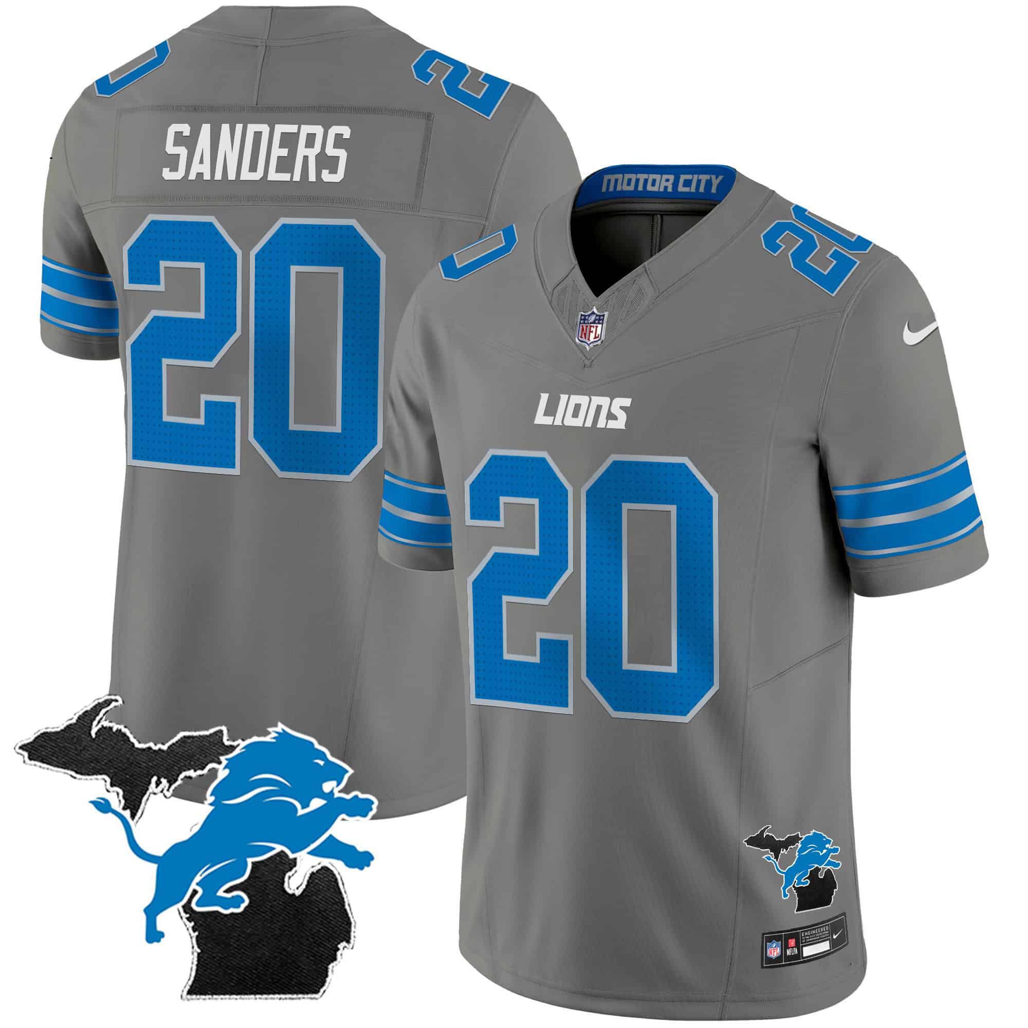 Men Detroit Lions #20 Sanders Grey 2024 Nike Michigan Patch Vapor Limited NFL Jersey
